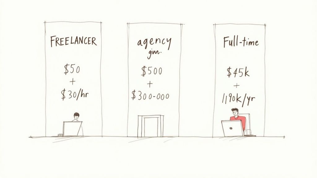 A person sitting at a desk with a laptop, looking thoughtful while reviewing social media analytics and costs.