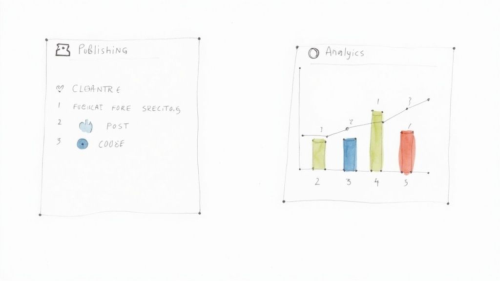 A hand-drawn sketch showing a publishing checklist with items and an analytics bar chart with a line graph.