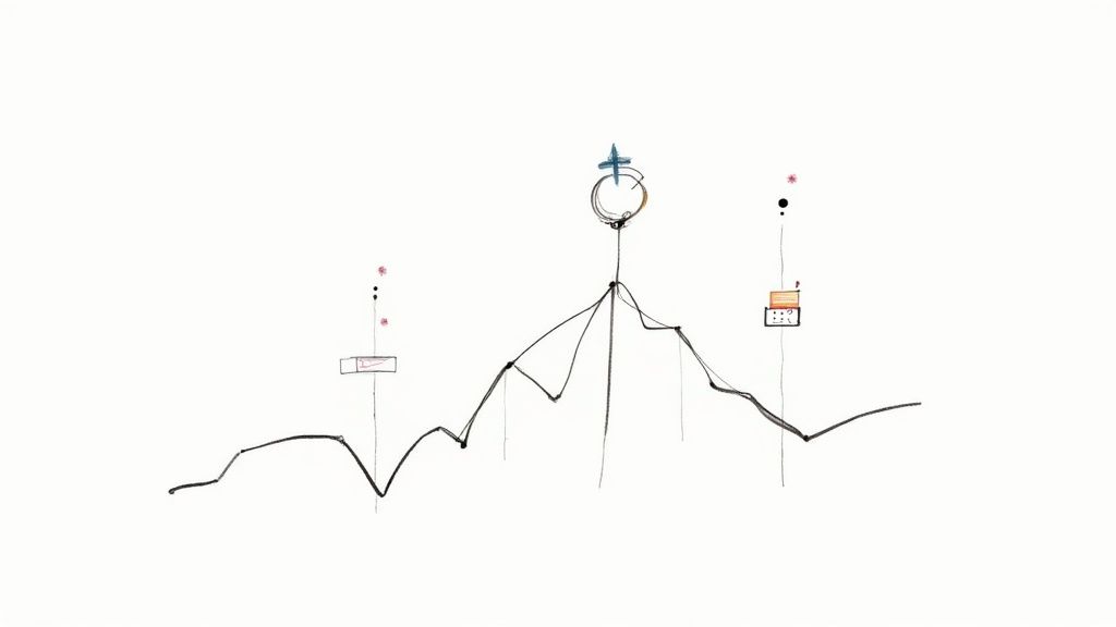 Hand-drawn line graph illustration showing data trends with measurement markers and arrows pointing upward