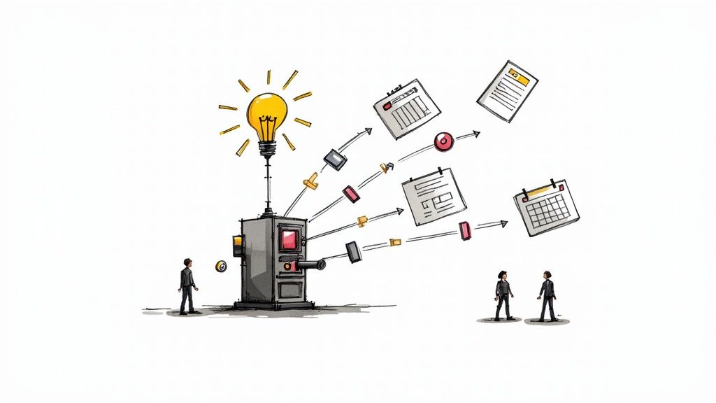 Machine transforming ideas into organized content with lightbulb, documents, and calendar illustrations