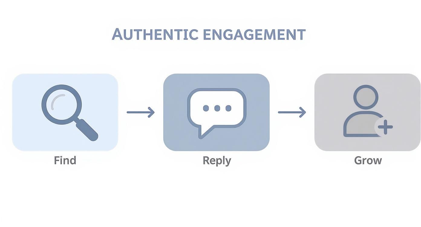 A diagram outlining the 'Authentic Engagement' process: Find (magnifying glass), Reply (speech bubble), Grow (person icon with plus sign).