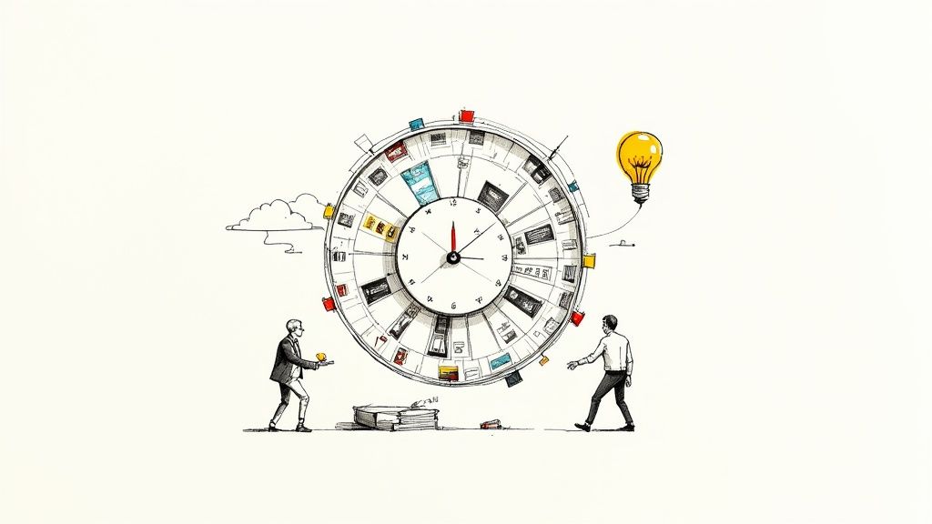 A person looking stressed while working on a laptop, surrounded by social media icons.