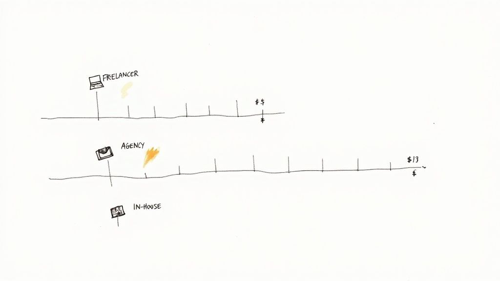 Hand-drawn chart illustrating cost differences for freelancer ($5) vs. agency ($13) services.