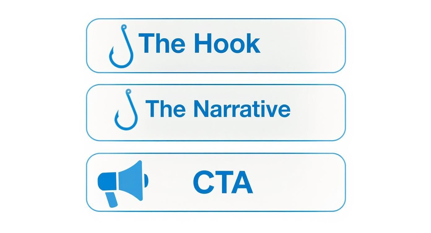 Infographic showing 'The Hook,' 'The Narrative,' and 'CTA' for engaging content creation with icons.