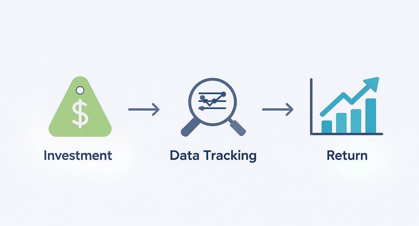 Infographic showing the data process flow for ROI calculation, from Investment to Data Tracking to Return.