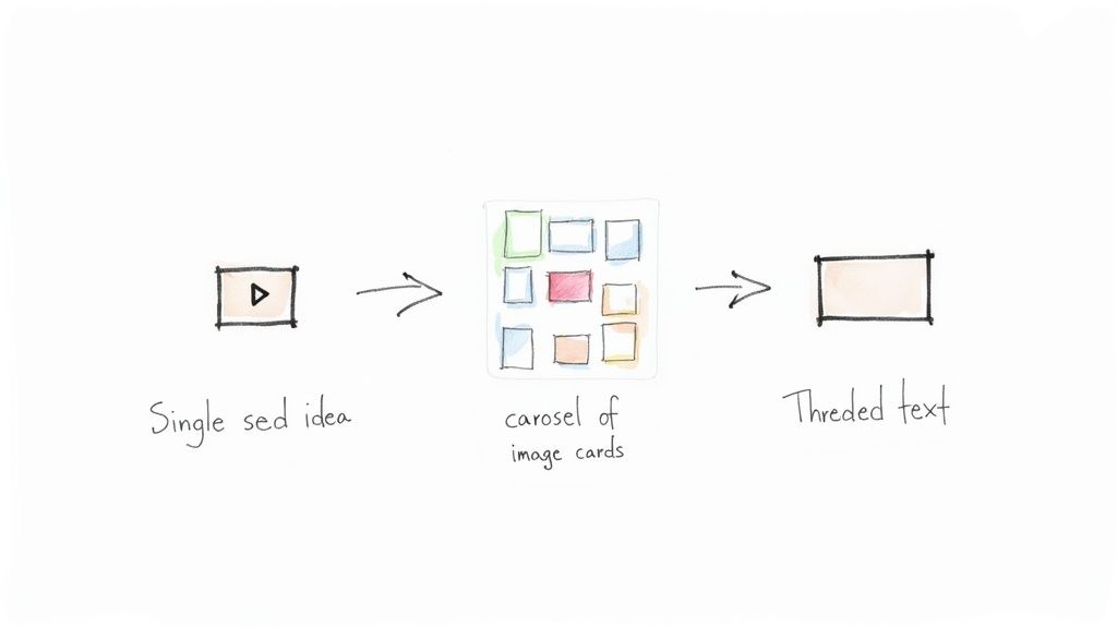 Diagram showing content creation process from single idea through carousel cards to threaded text