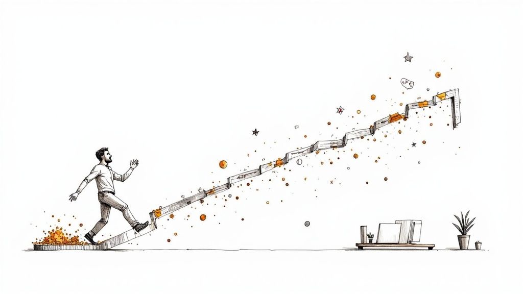 Person climbing upward staircase toward success with books and stars symbolizing growth and achievement