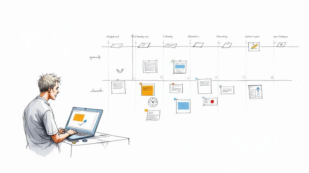 A small business owner efficiently managing their social media schedule on a laptop, looking relieved and in control.