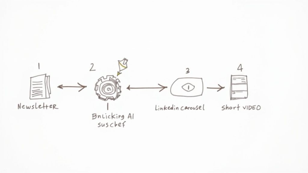 A visual representation of a workflow, with icons for a blog post, an AI brain, and multiple social media platform logos.