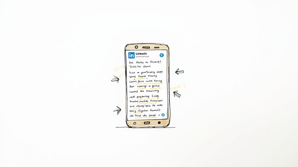 A hand-drawn smartphone displays a LinkedIn post with handwritten, partially illegible text and surrounding arrows.