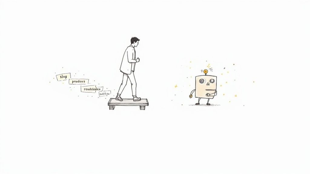 A person looking at multiple screens showing different content formats, symbolizing AI content repurposing.