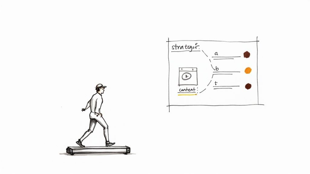 A person at a desk strategically planning their content strategy with sticky notes on a board.