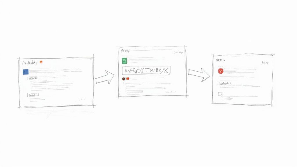 Social media icons for LinkedIn, Twitter/X, and Instagram arranged around a central content piece, illustrating platform-specific optimization.