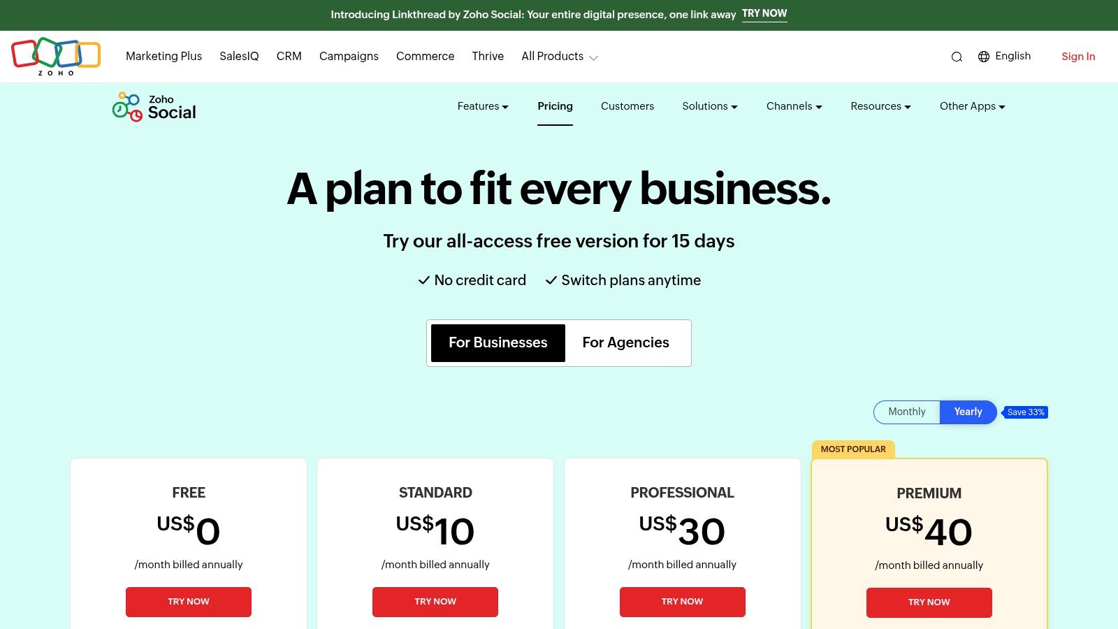 Zoho Social pricing plans for their social media management platform