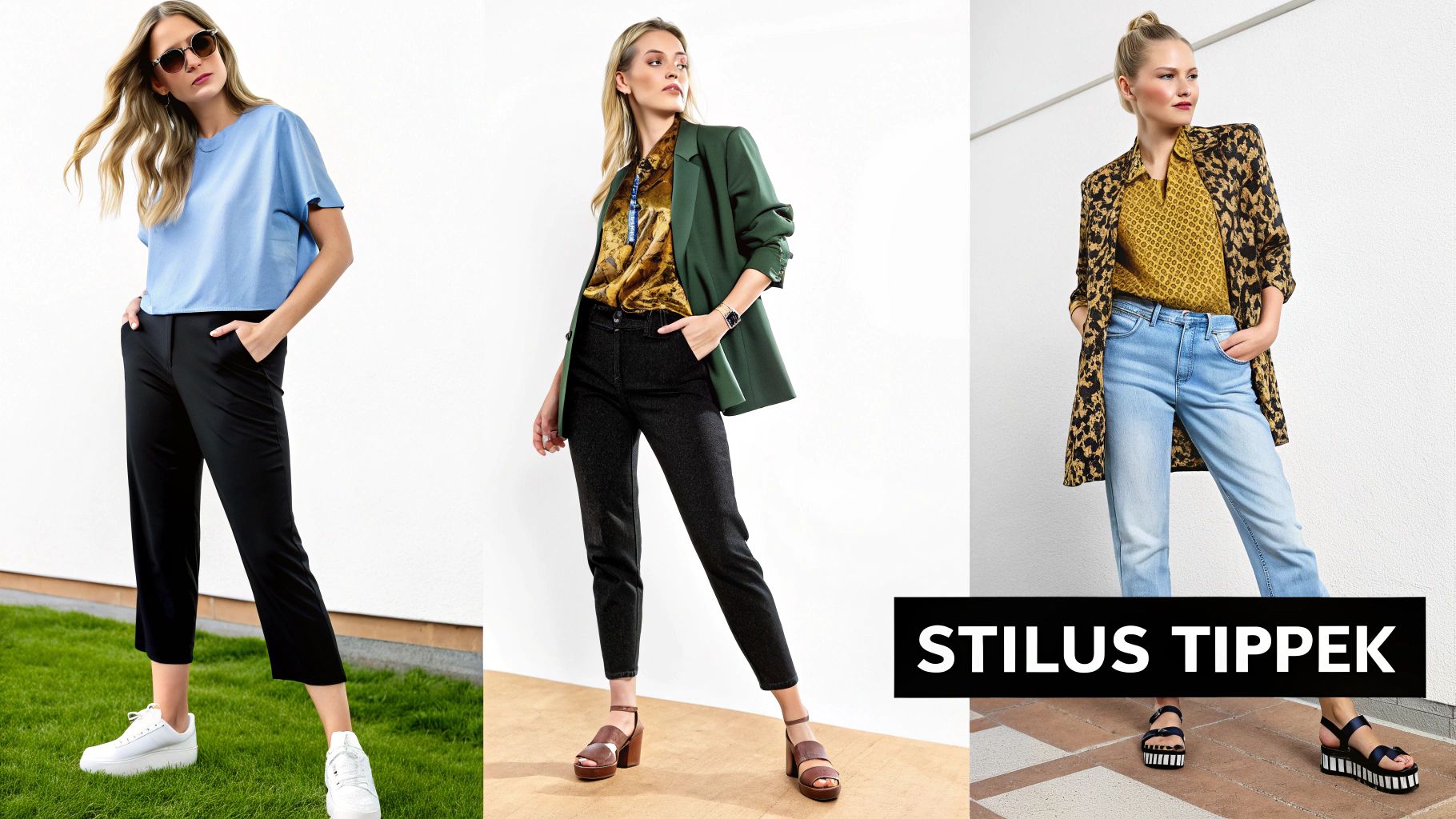 A tökéletes gumis derekú női nadrág kiválasztása 4 Három női divatos összeállítás látható, különböző nadrágokkal, blézerekkel és stílustippekkel.