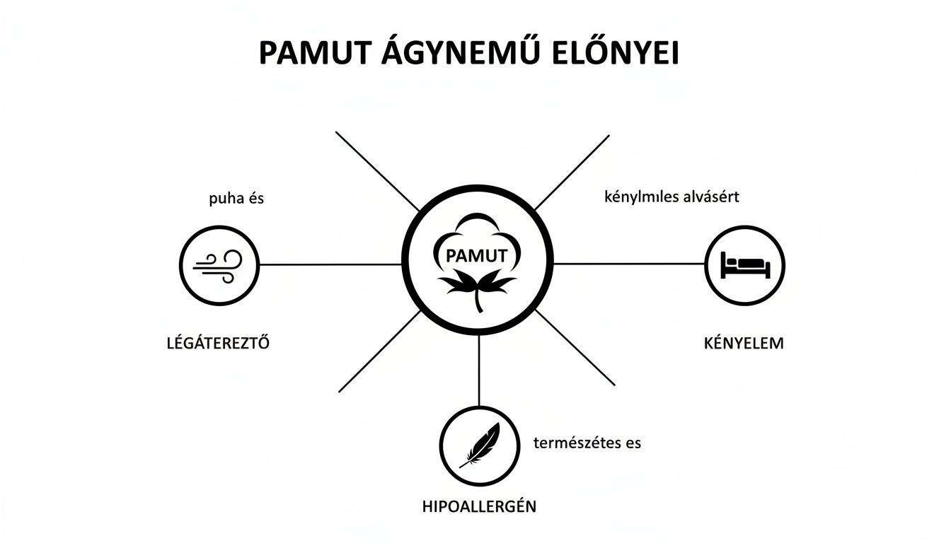Pamut ágynemű előnyeit bemutató diagram légáteresztő, kényelmes és hipoallergén tulajdonságokkal.