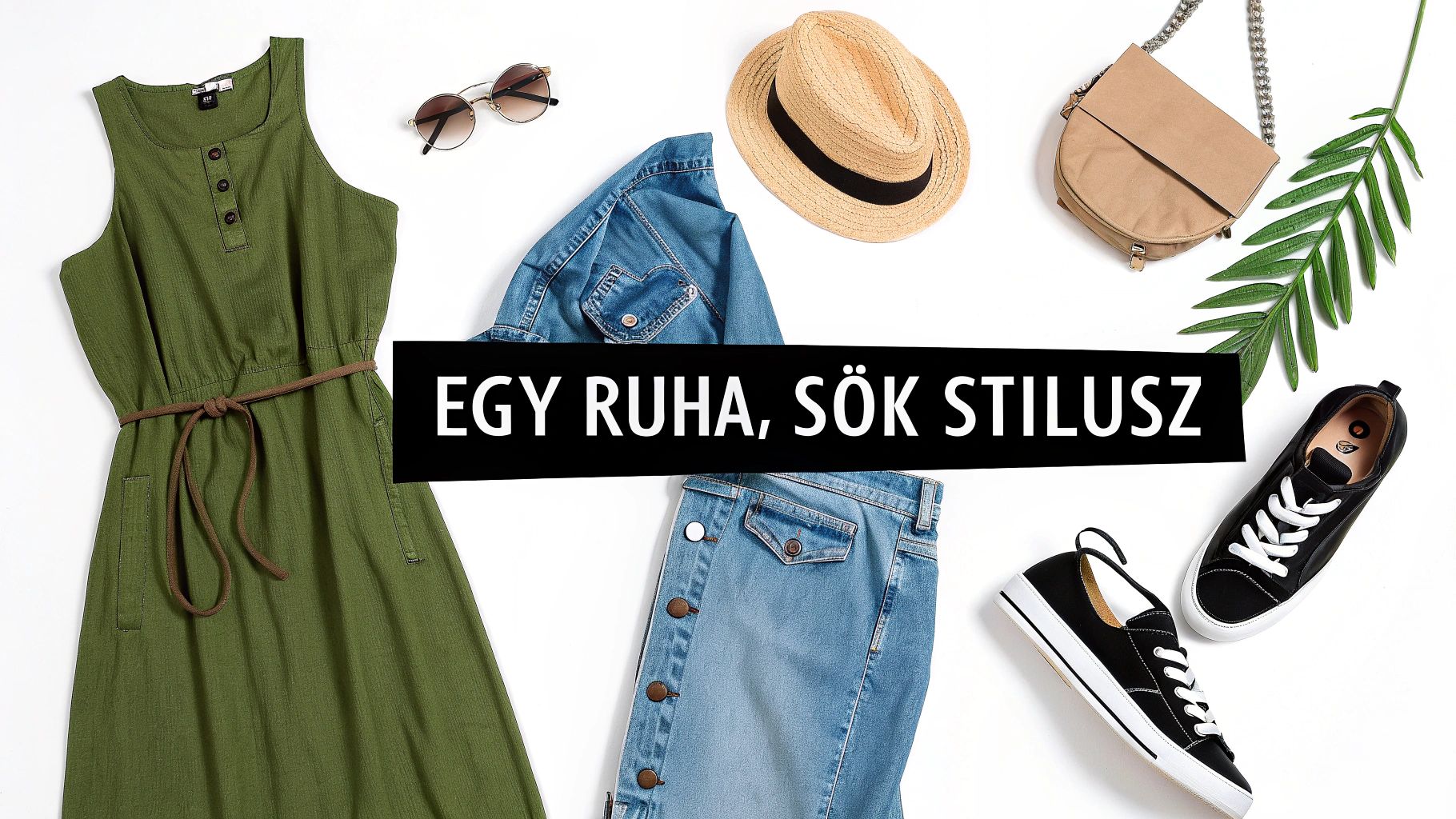 Zöld pamut nyári ruha, farmerdzseki, farmer szoknya, napszemüveg, kalap és táska lapos elrendezésben.