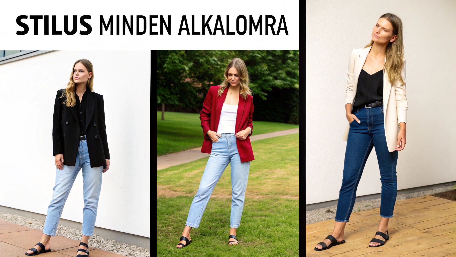 Női modellek blézerben, farmerben és szandálban, különböző stílusokban, hangsúlyozva a sokoldalúságot.