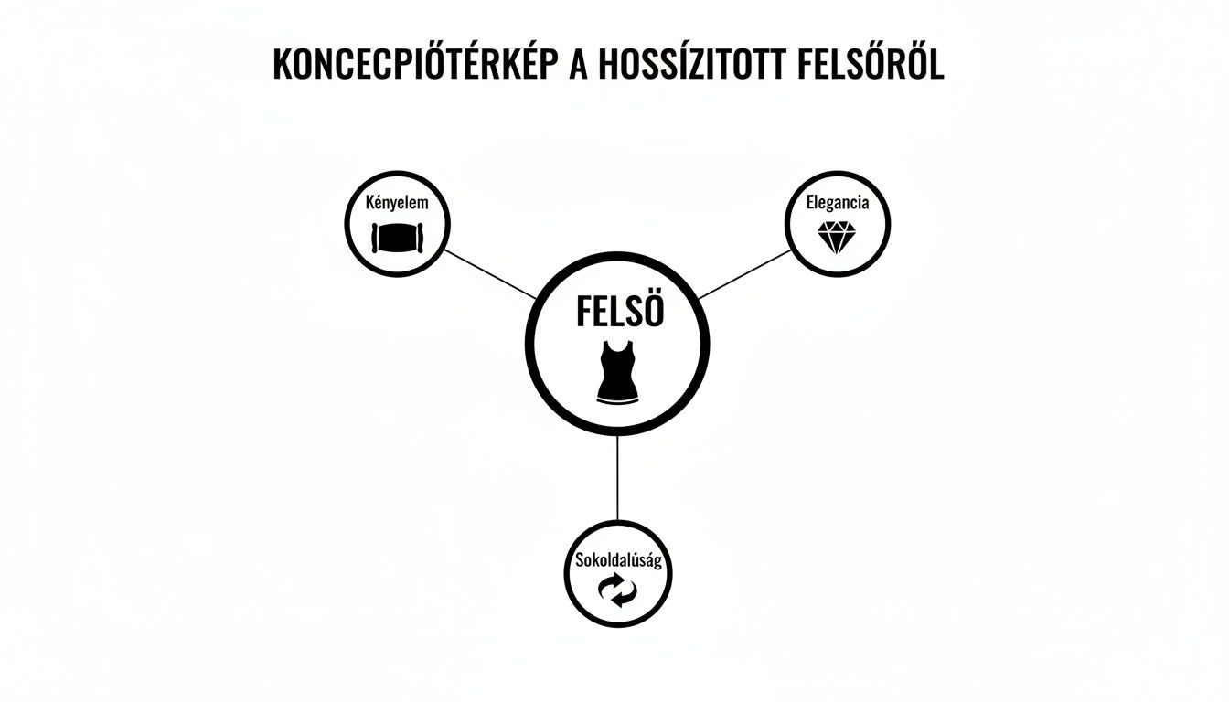 Koncepciótérkép egy hosszított felsőről, kiemelve a kényelmet, eleganciát és sokoldalúságot, mint fő jellemzőket.