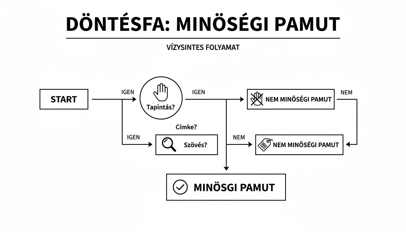 Döntésfa diagram a minőségi pamut kiválasztásához, lépésekkel és igen/nem ágakkal. Vízszintes folyamatábra.