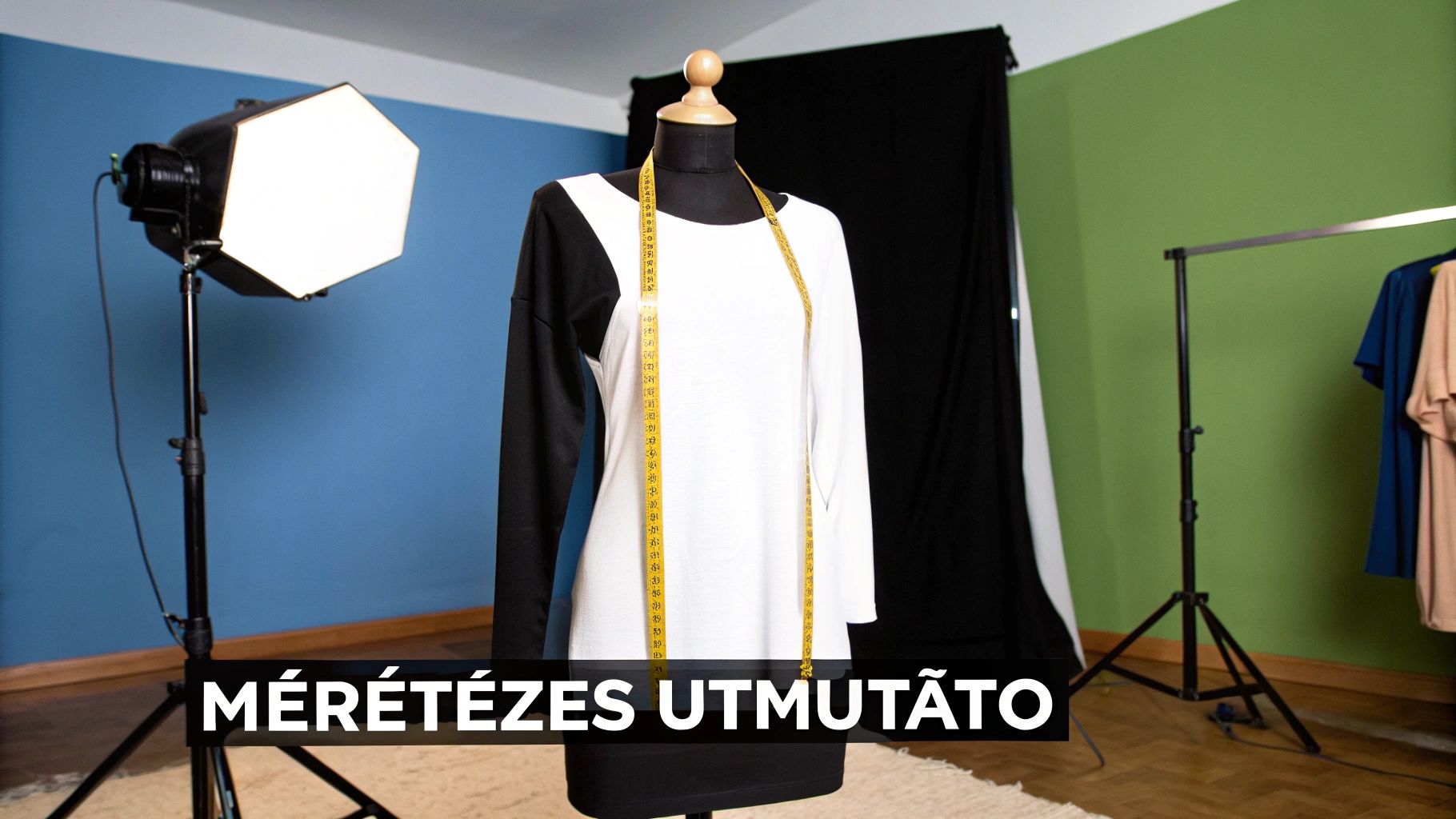 Manöken fekete-fehér hosszú ujjú felsőben, mérőszalaggal. Stúdiókörnyezetben fotózás előkészítése látható a háttérben.