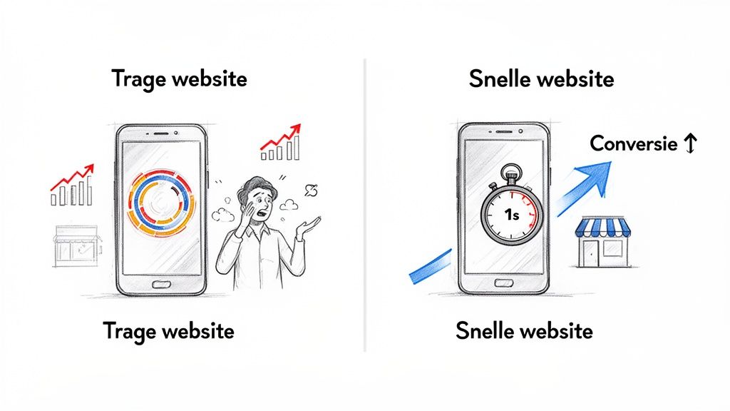 Visualisatie van het verschil tussen een trage website die leidt tot frustratie en lage conversie, versus een snelle website met hoge conversie.