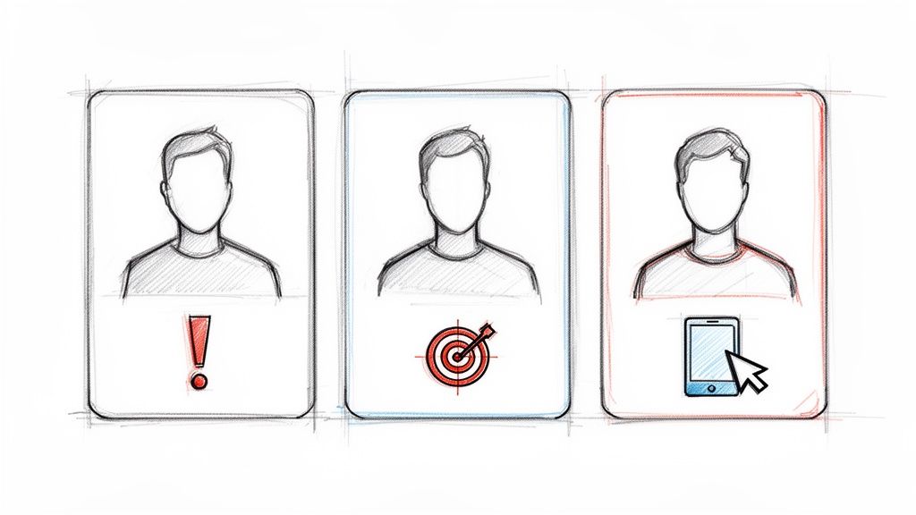 Drie illustraties van een persoon met symbolen voor een waarschuwing, doel en mobiele interactie.