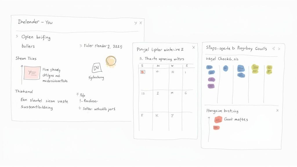 Een overzicht van handgeschreven notities, diagrammen en lijsten op een digitaal whiteboard, met ideeën en planning.