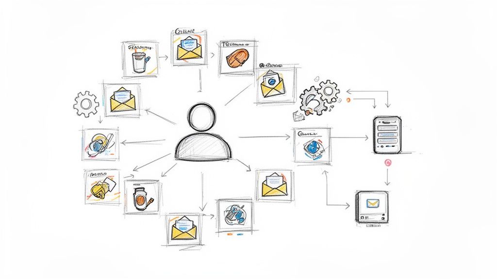 Overzicht van een gebruiker in het midden, verbonden met e-mail, digitale processen en apparaten.