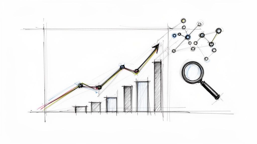 Schets van een stijgende grafiek en staafdiagram, met een netwerk en vergrootglas voor analyse.