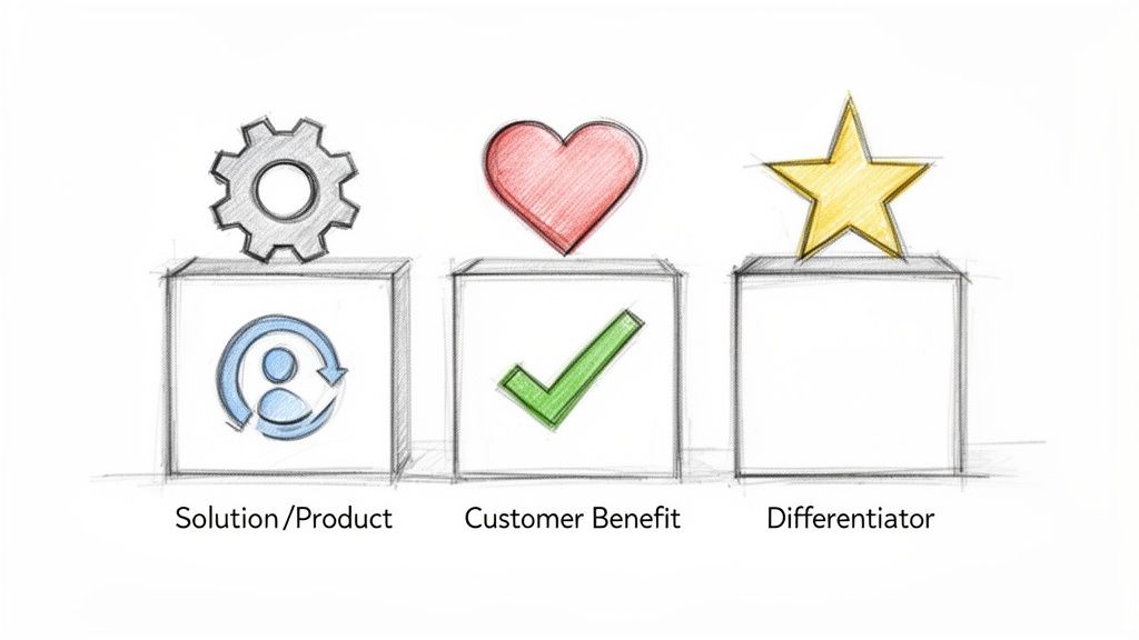 Visualisatie van een waardepropositie met oplossing, klantvoordeel en onderscheidende factor.