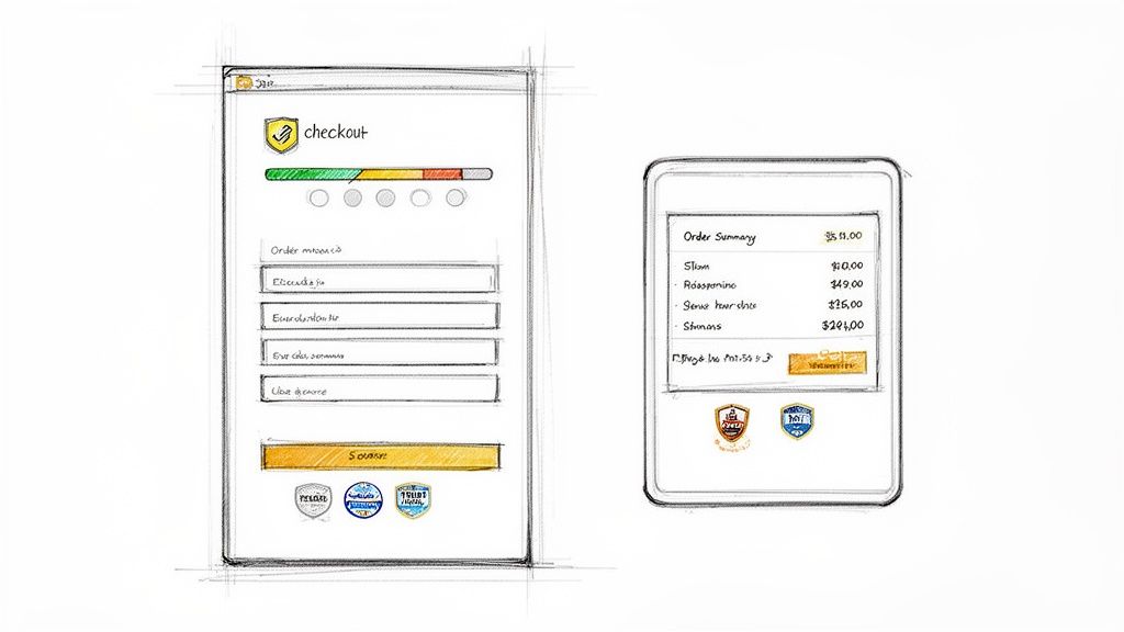 Twee handgetekende schetsen van een checkoutproces en een besteloverzicht, gericht op conversieoptimalisatie.