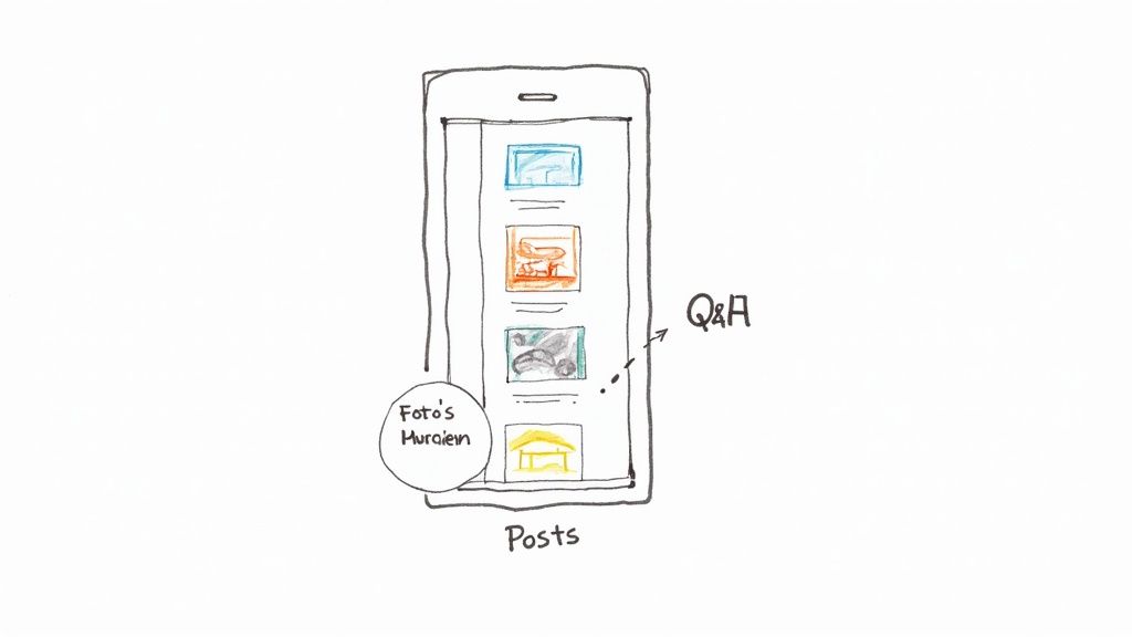 Een handgetekende smartphone met een scrollende feed van posts, inclusief afbeeldingen en labels voor 'Foto's' en 'Q&A'.