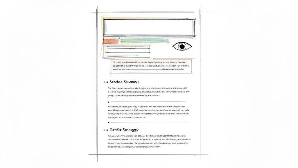 Een schets van een webpaginalayout met placeholdertekst, gekleurde vakken en een oogpictogram.