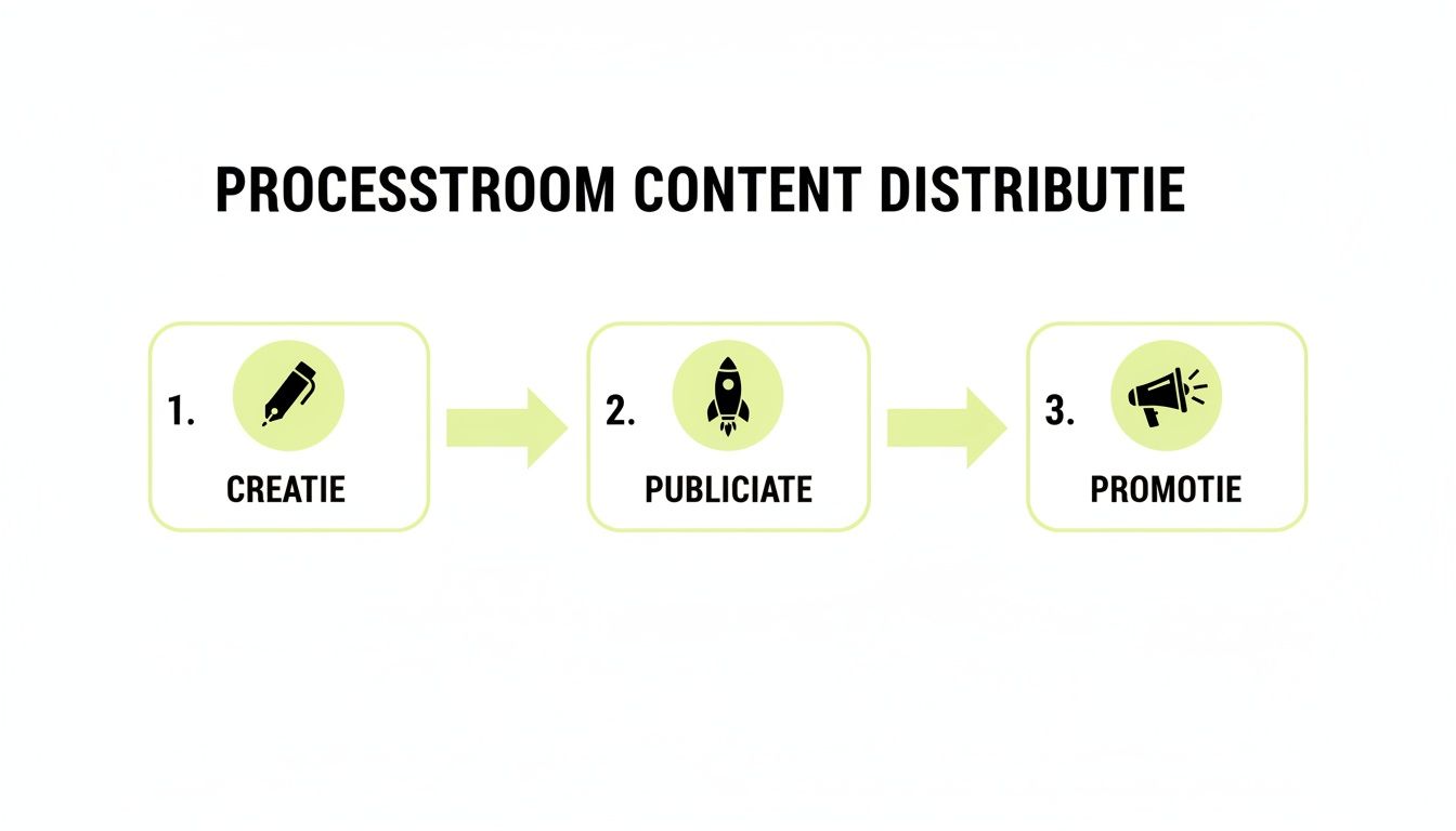 Een flowchart die de processtroom voor contentdistributie in drie stappen weergeeft: creatie, publicatie en promotie, met bijbehorende iconen.
