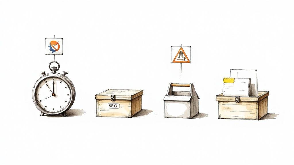 Een illustratie met een stopwatch, een SEO-doos, een gereedschapskist en documenten, gerelateerd aan contentmarketing.