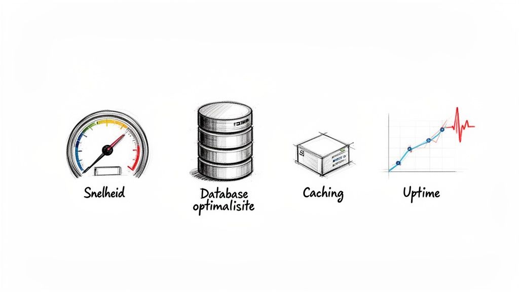Vier illustraties tonen website optimalisatie: snelheid, database optimalisatie, caching en uptime.