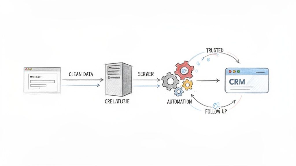 Diagram toont dataflow van website via server en automatisering naar CRM, inclusief follow-up en vertrouwenslussen.