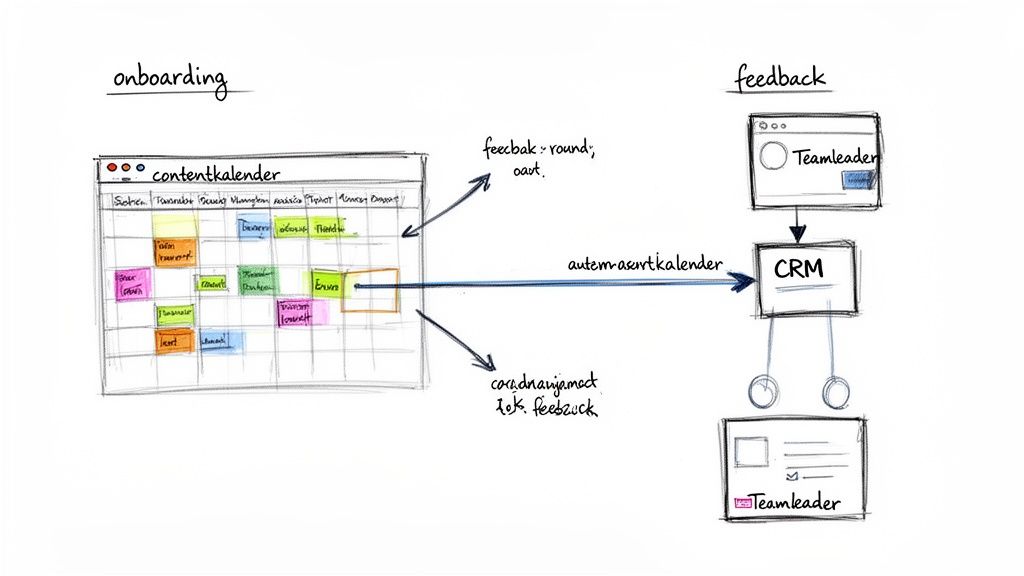Een schematische weergave van contentkalender onboarding, met pijlen naar feedbackprocessen en CRM-integratie voor efficiëntie.