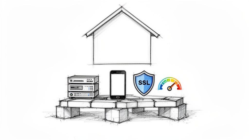 Schets van een huis op fundering met servers, smartphone, SSL-schild en snelheidsmeter, symboliseert online verbetering.