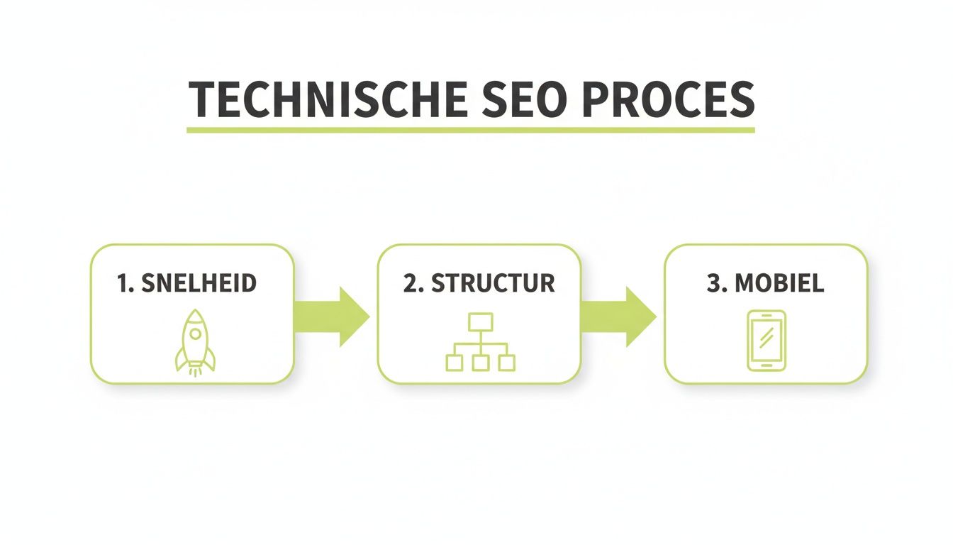 Overzicht van het technische SEO proces met stappen voor snelheid, structuur en mobiele optimalisatie.