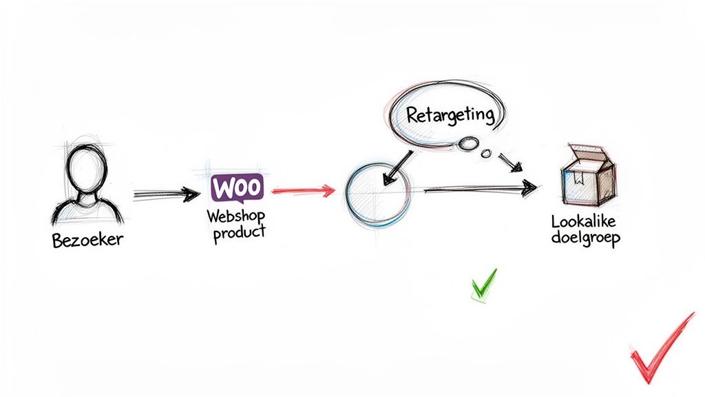 Schema van online marketingstrategie: bezoeker, webshop product, retargeting en lookalike doelgroep.