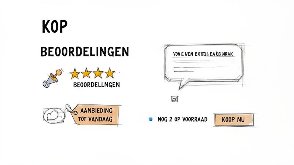 Illustratie met elementen voor websiteconversie, waaronder productbeoordelingen, een aanbieding en een koop nu knop.