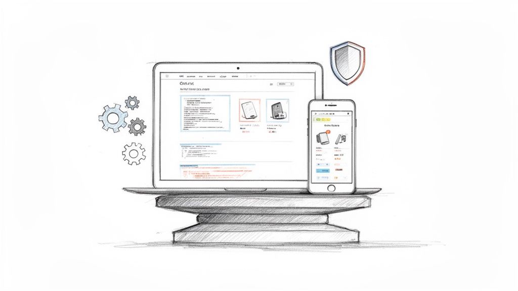 Schets van een laptop en smartphone op een standaard, met tandwielen en een schild, die online data en beveiliging symboliseren.