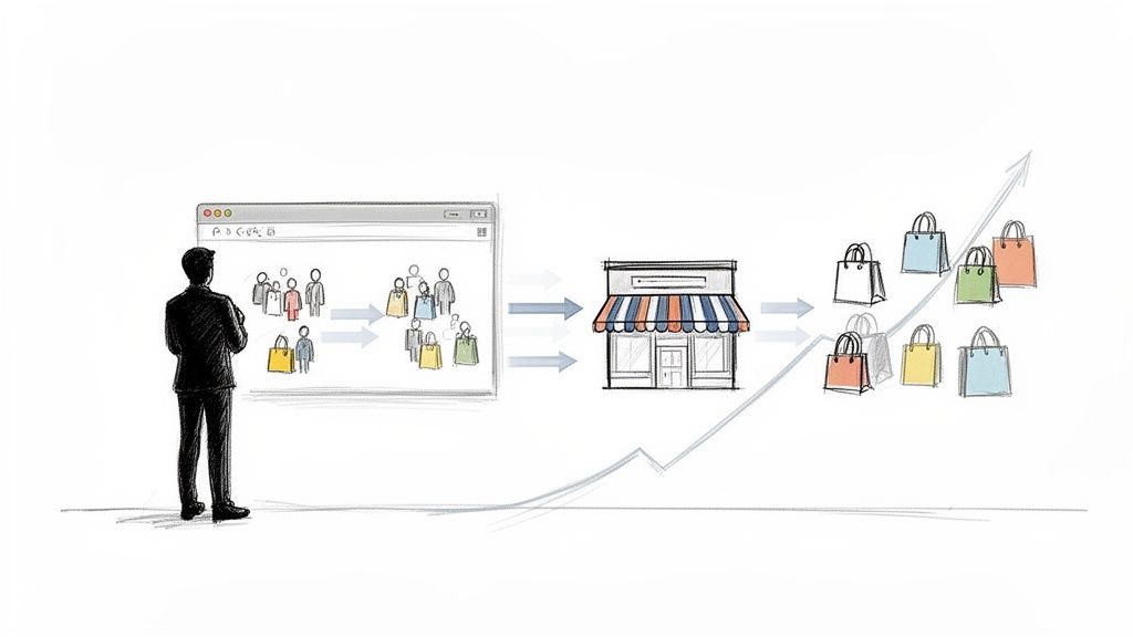 Een man bekijkt klantgegevens online die leiden tot meer winkelbezoeken en een stijgende verkoop.