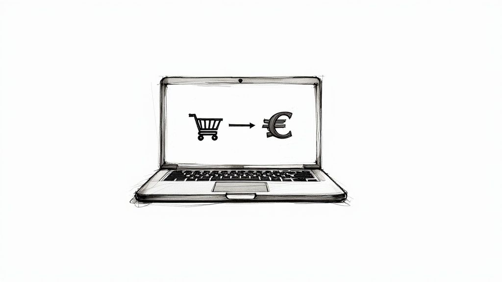 Exact Online WooCommerce: een slimme koppeling voor je boekhouding bij de Websitebouwers Een schets van een laptop met op het scherm een winkelwagen, een pijl en een euroteken, wat online kopen symboliseert.