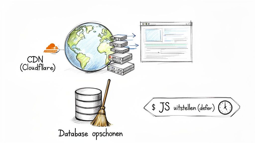 Illustratie van methoden om een WordPress-website te versnellen, inclusief CDN, database opschonen en JS uitstellen.