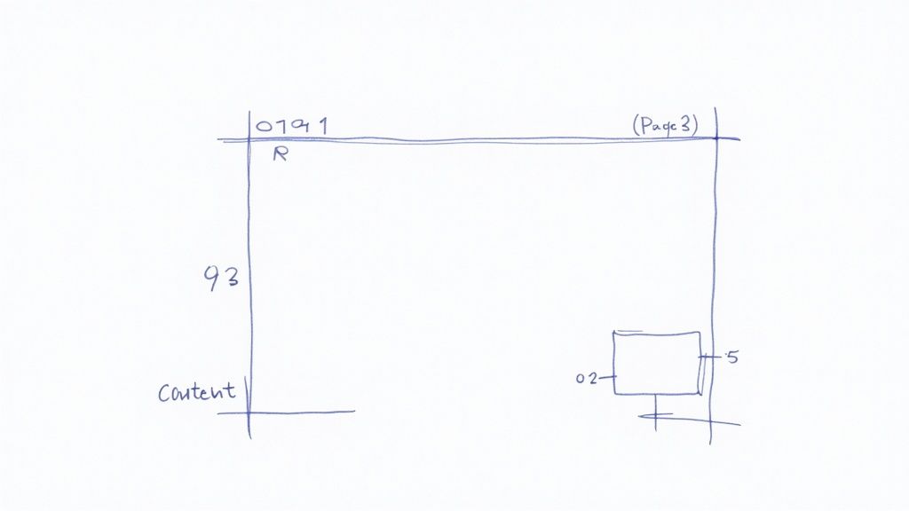 Handgetekende schets van een pagina-lay-out of wireframe met marges en inhoudsgebieden, inclusief numerieke en tekstuele aantekeningen.