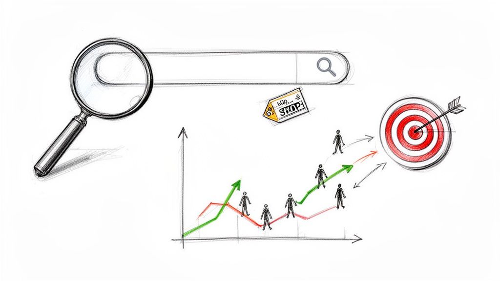 Schets van zoekbalk, prijskaartje 'SHOP', groeigrafiek met figuren, en doelwit met pijl. Symboliseert webshop succes.