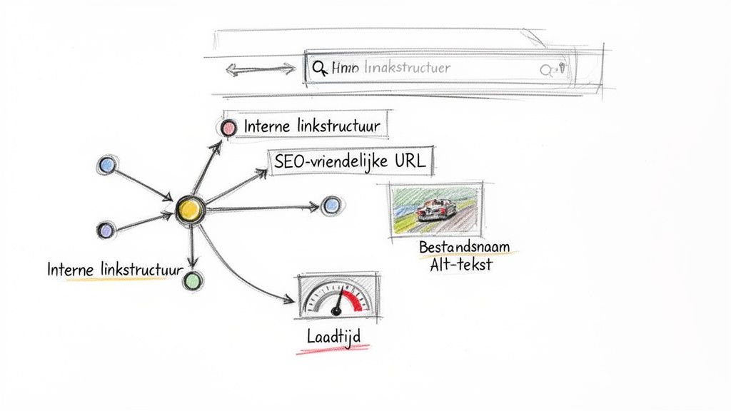 Een schematische weergave van on-page SEO factoren zoals interne linkstructuur, SEO-vriendelijke URL's, laadtijd en alt-tekst.